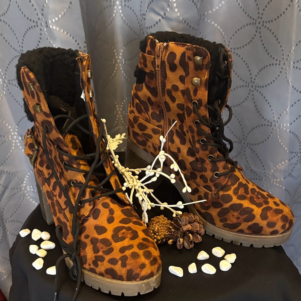 Mudd Leopard Print Lace-Up Boots
